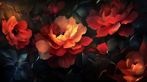 Radiant Red Peonies Glowing in Warm Light
