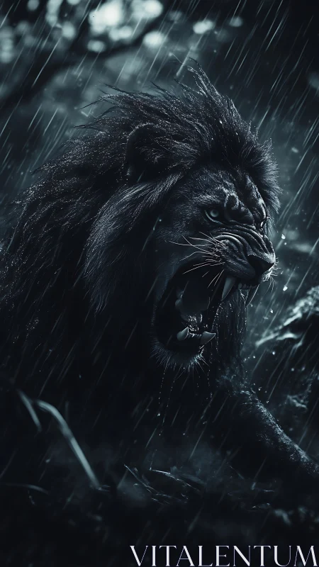 Monochrome storm-lit lion portrait in dramatic profile framing.
