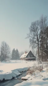 Snow covered rural house beside frozen stream in winter.