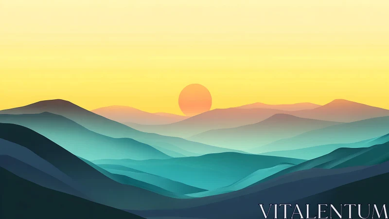 Layered gradient mountainscape with minimal sun geometry.