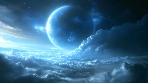 Cloud oceans cradle a luminous blue world in silence