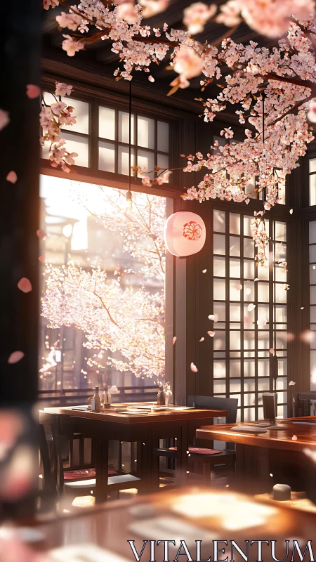 Cherry blossoms hang over sunlit wooden tables in restaurant