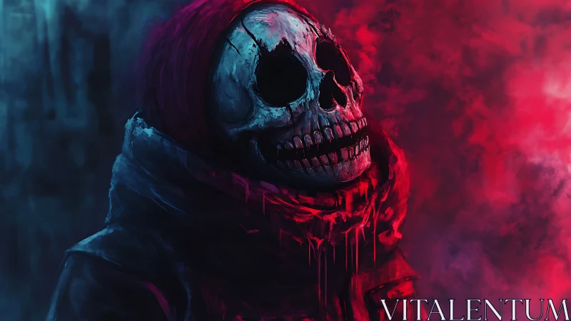 Hooded skeletal figure in neon red blue atmospheric haze