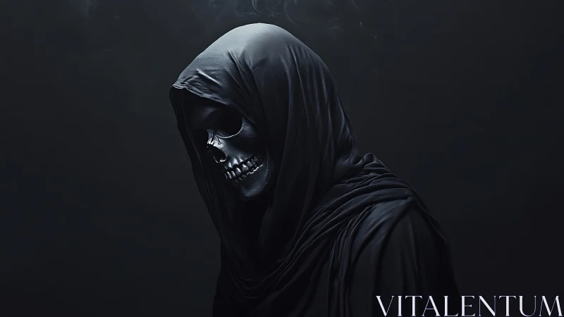 Hooded skeletal reaper in cinematic low key monochrome portrait.