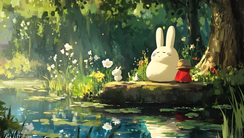 Forest pond companions with giant rabbit guardian.