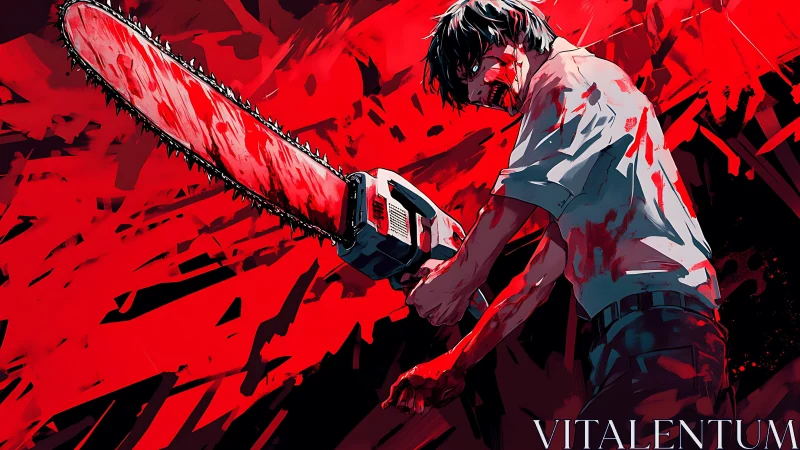 Bloodstained anime man wielding large chainsaw in red chaos.