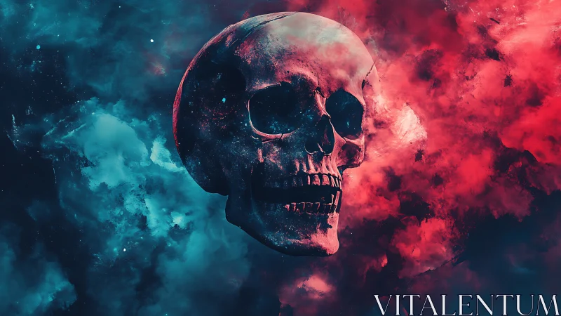 Human skull centered in contrasting red and blue nebula field.