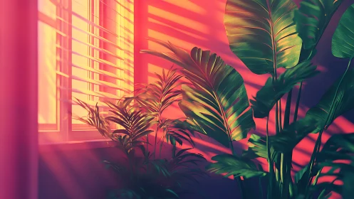 Sunlit tropical houseplants glowing in soft evening warmth.