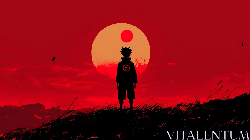 Backlit anime silhouette against dual-layer crimson sunfield.