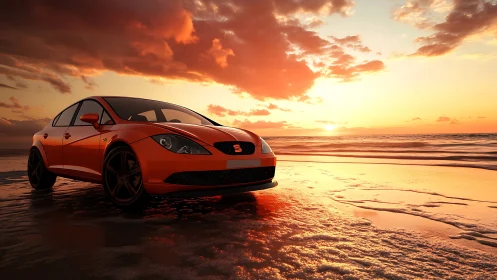 Sporty orange car on wet beach under vivid sunset sky.