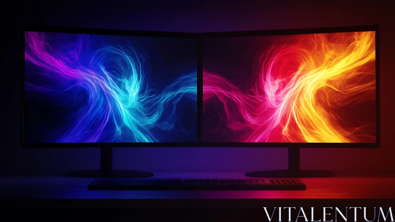 Dual monitors render opposing neon energy streams with high contrast