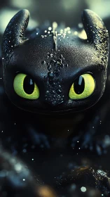 Midnight-scaled baby dragon studies the world in neon gaze