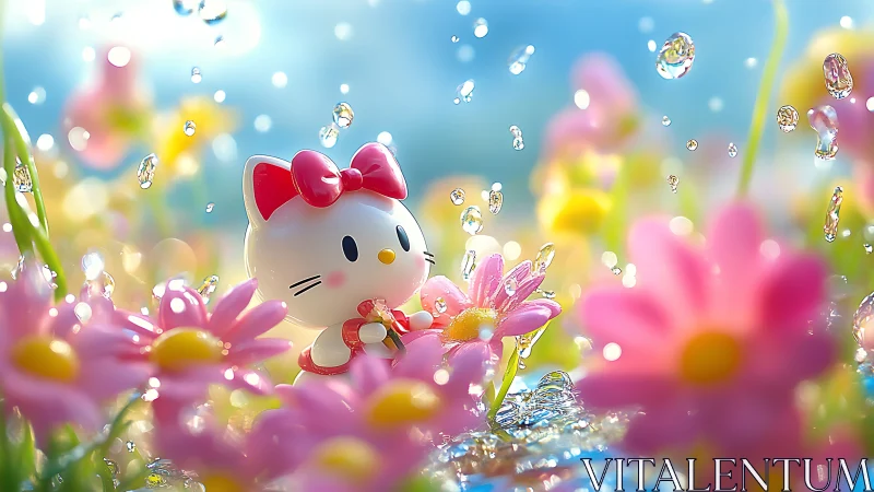 Kitty in the spring rain among sparkling pink blossoms.