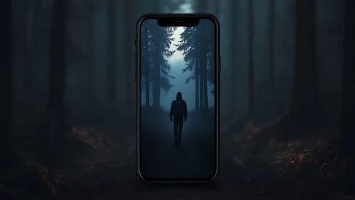 Solitary hooded figure framed within smartphone forest portal.
