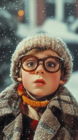 Wide eyed winter dreamer wrapped in storybook snowfall.