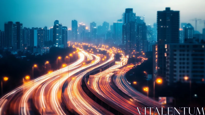 City lights streaming along a dreamy twilight highway.