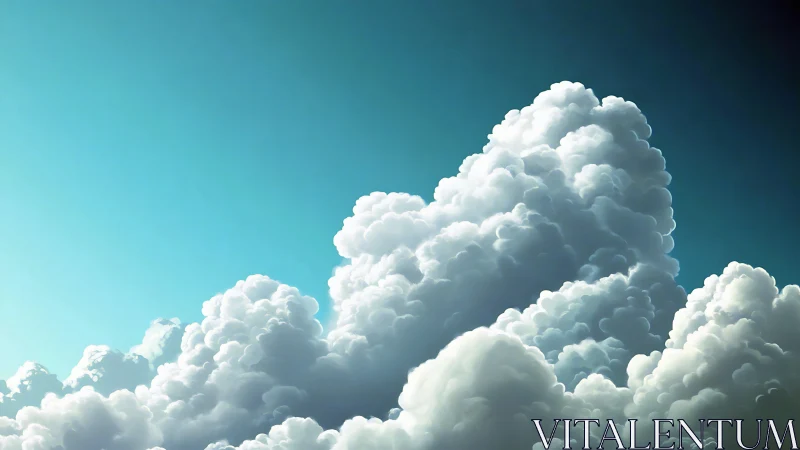 Towering cumulus cloudscape rises under teal sky light