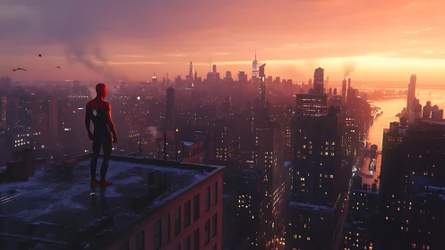 Sunset rooftop hero gazing over a glowing city skyline.
