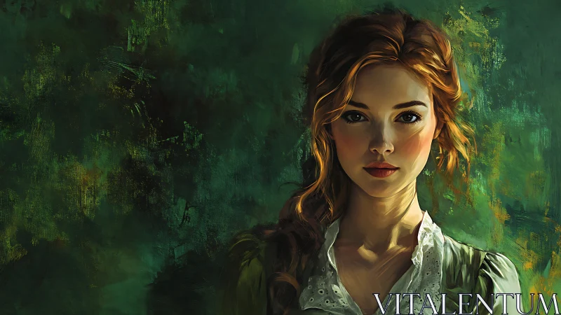 Digital oil portrait of a young woman against abstract green field