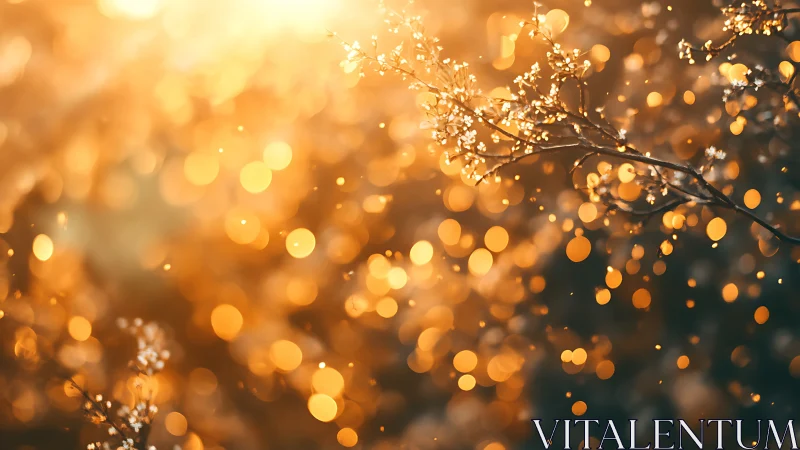 Glowing Spring Branch with Bokeh Lights in Warm Golden Tone.