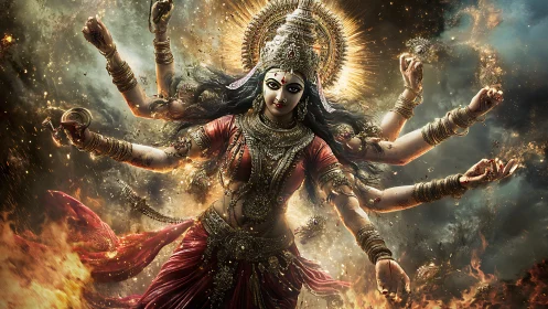 Multi-armed goddess figure stands amid fire and sparks