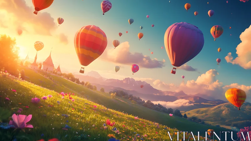 Hot air balloons over alpine meadow at golden hour sunrise
