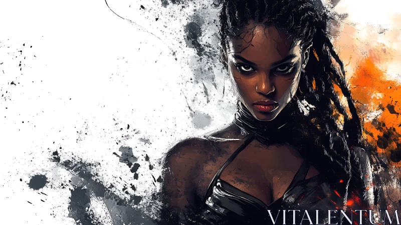 Fierce warrior portrait in splattered digital brushwork.