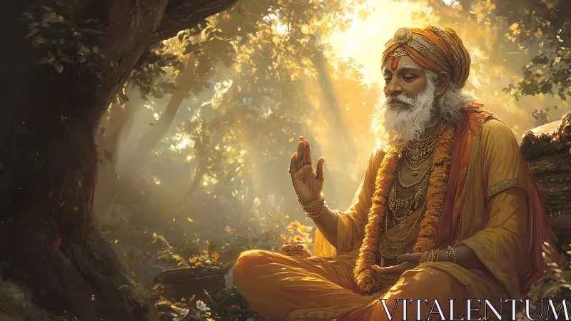 Golden forest meditation with serene wise elder guru.