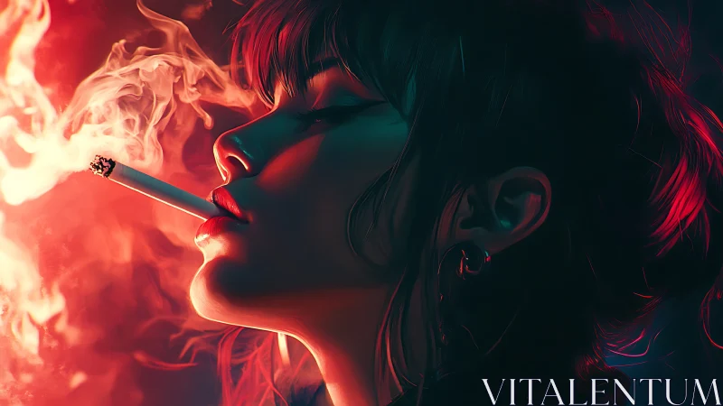 Woman in side profile exhales cigarette smoke in neon light