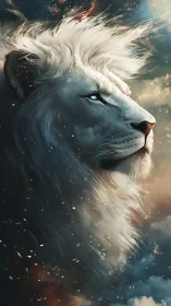 Regal white lion watching distant skies with quiet strength.