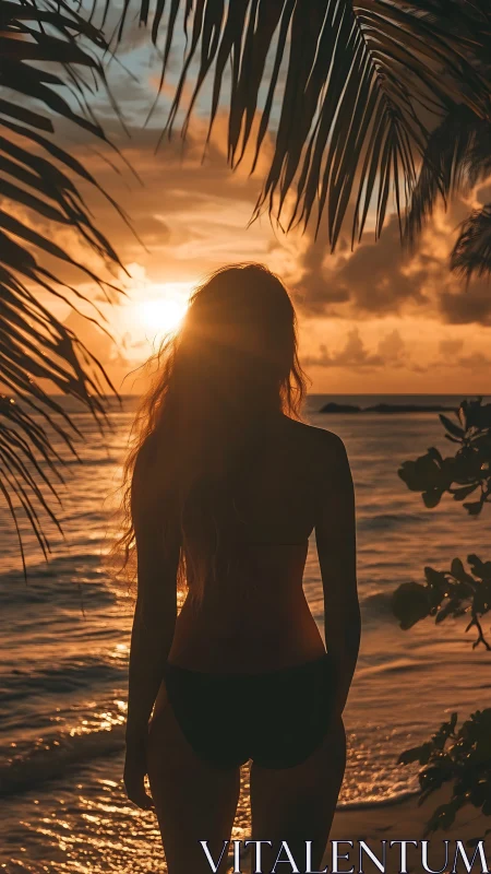Silhouetted woman studies tropical sunset through palm fronds