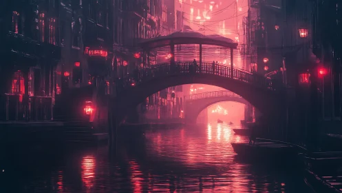 Neon-lit canal bridge in misty cyberpunk waterfront district.