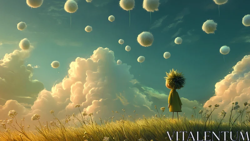 Dreamlike child in golden meadow beneath floating orbs.
