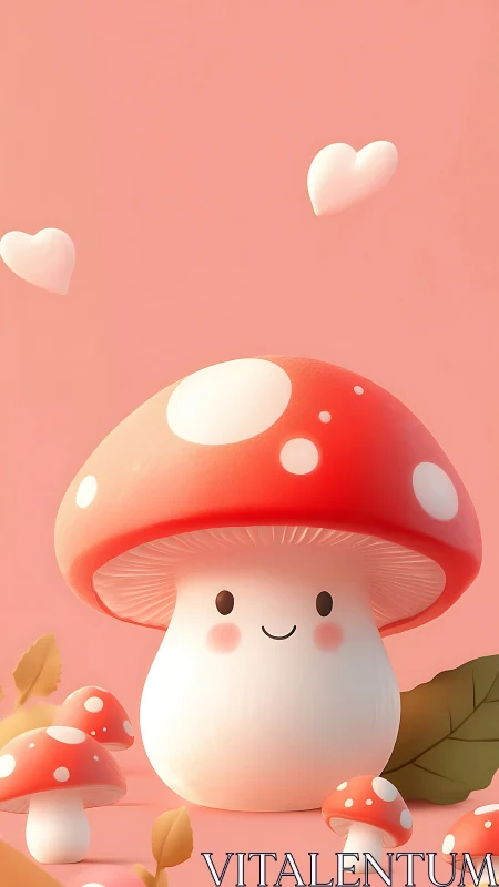Cute smiling red mushroom character on pastel pink background.