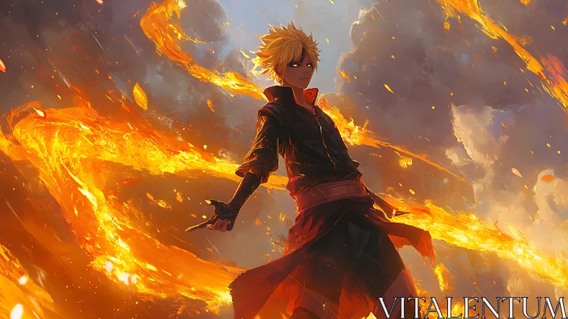 Anime fire wielder commands swirling flames against storm clouds