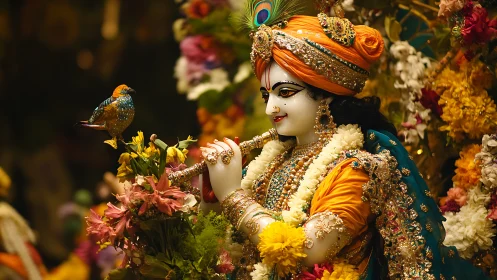 Ornate Krishna deity statue with flute, florals and songbird