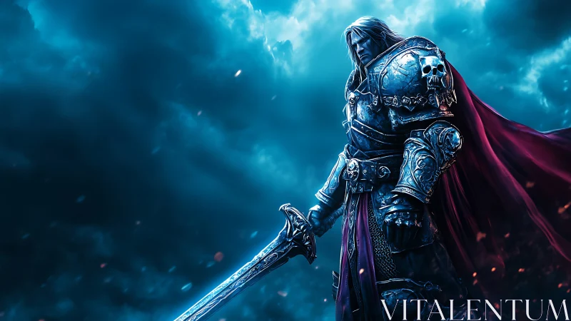 Armored knight stands under stormlit sky gripping runed sword