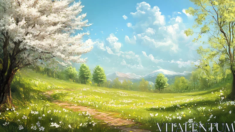 Digital painting landscape with blossom tree and winding path.