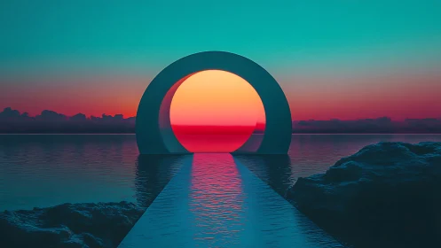 Geometric portal over water at sunset horizon line.