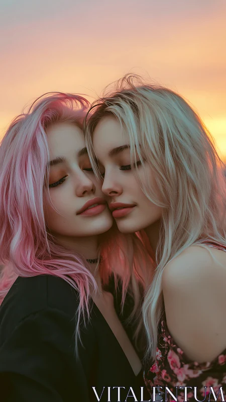 Twin silhouettes embrace against golden sunset backdrop.