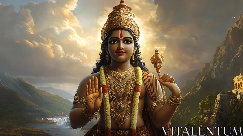 Digital divine figure with mountainous backdrop and aureate lighting.