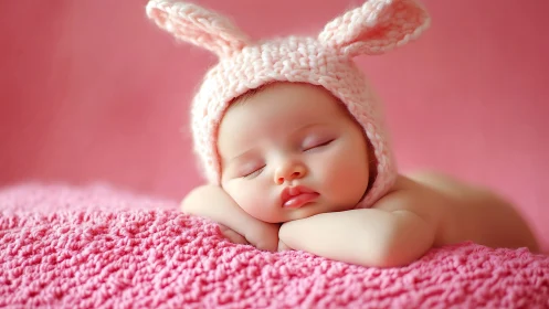 Photorealistic newborn portrait with knitted bunny styling.