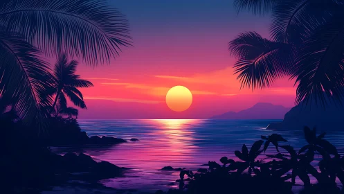 Digital painting tropical sunset with silhouetted palms and surf.