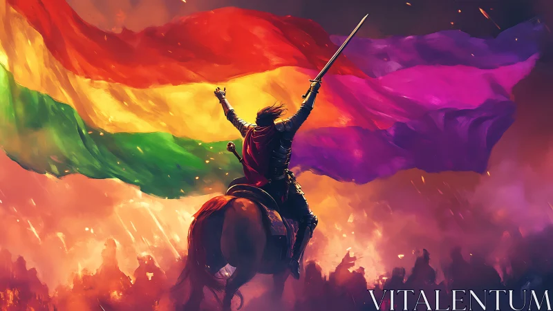 Armored rider raising sword beneath vast pride banner.
