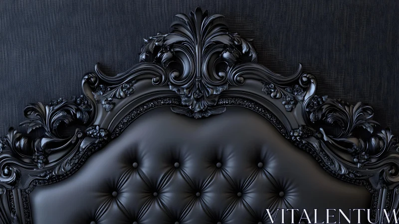 Luxurious black tufted headboard with ornate baroque detailing.