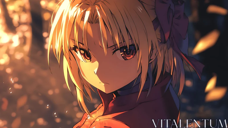 Blonde anime swordswoman in dusk forest light portrait.