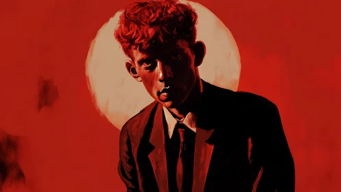 Crimson portrait of suited man against stark circular backlight.