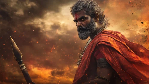 Bearded warrior in orange robes with spear against fire sky.