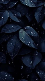 Midnight foliage rendered with glossy raindrops and deep contrast