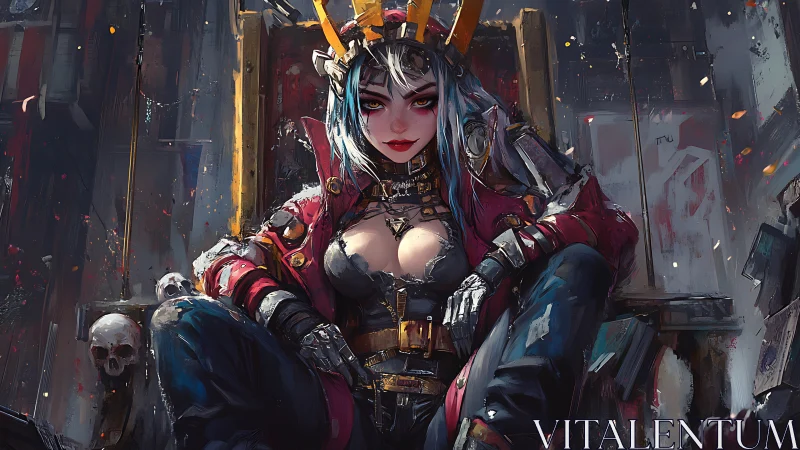 Cyberpunk throne queen with mechanical armor and neon crown.